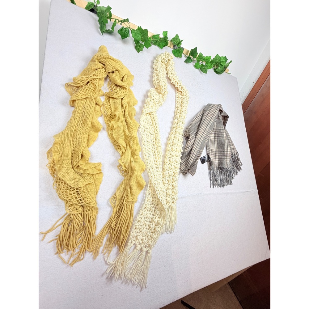 Lot of 3 Scarves HM Grey Plaid Mustard Yellow Ruffle Cream Crochet Knit Fringe